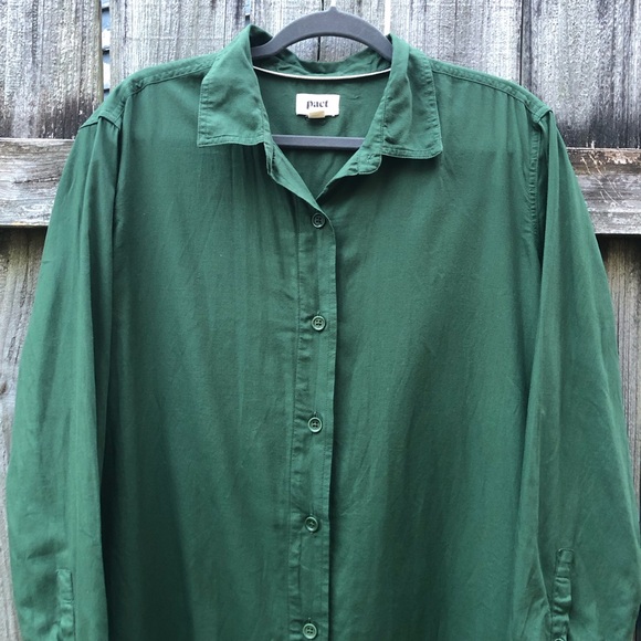 Pact Organic Cotton Shirt Dress Size L Dark Green Long Sleeve Curved Hem Midi - Picture 3 of 14